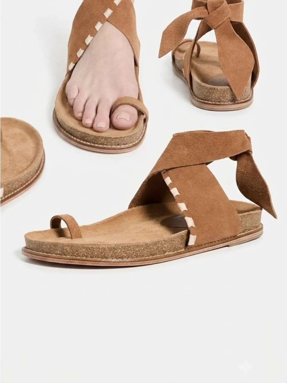 Johanna Ortiz Embroidered Suede Sandals Ankle Wrap Flat Sz 6.5 EU 37 New No Box